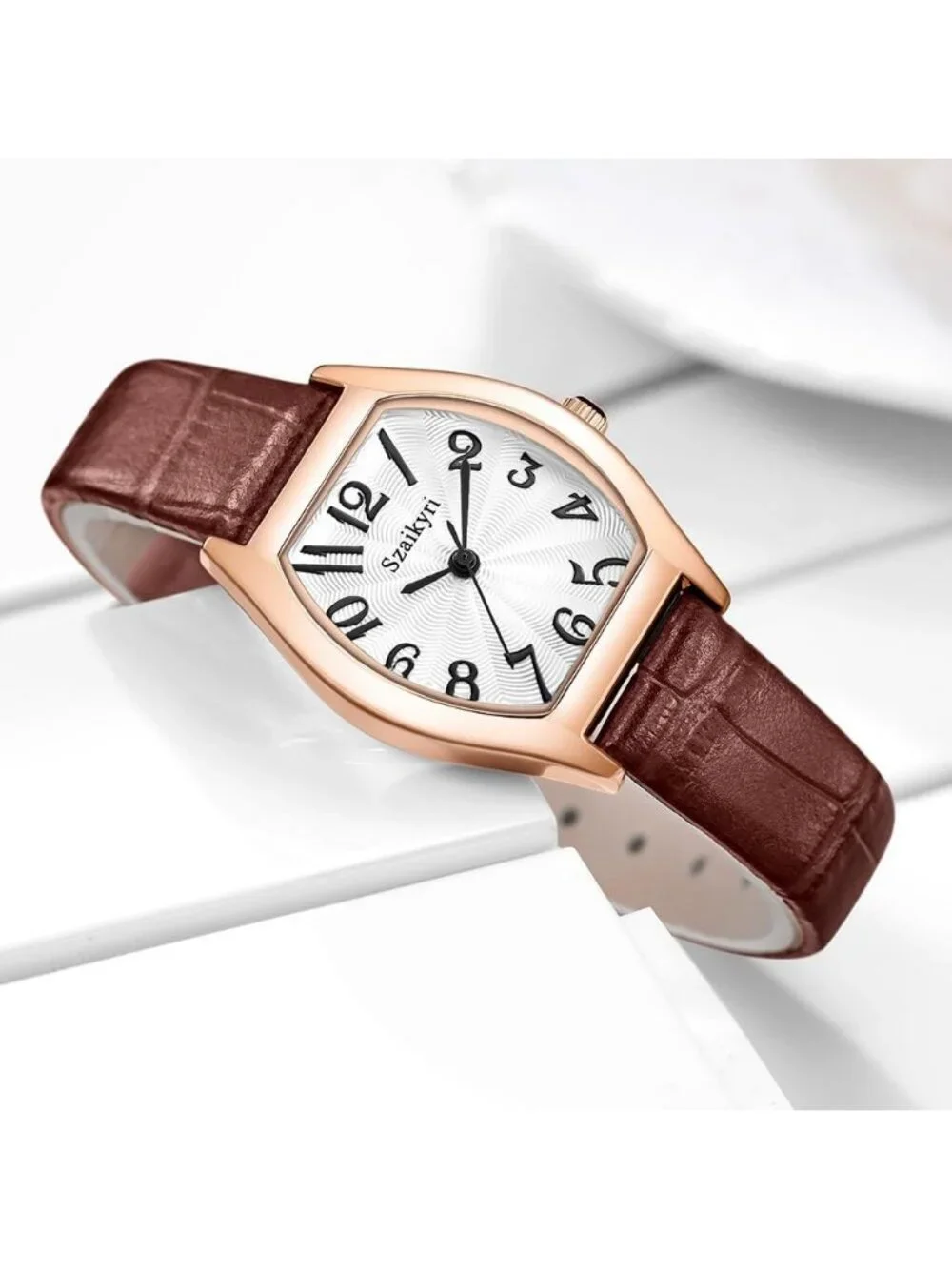 Women's Brown-Rose Gold Barrel-Shaped Easy Read Arabic Numerals Dress Watch